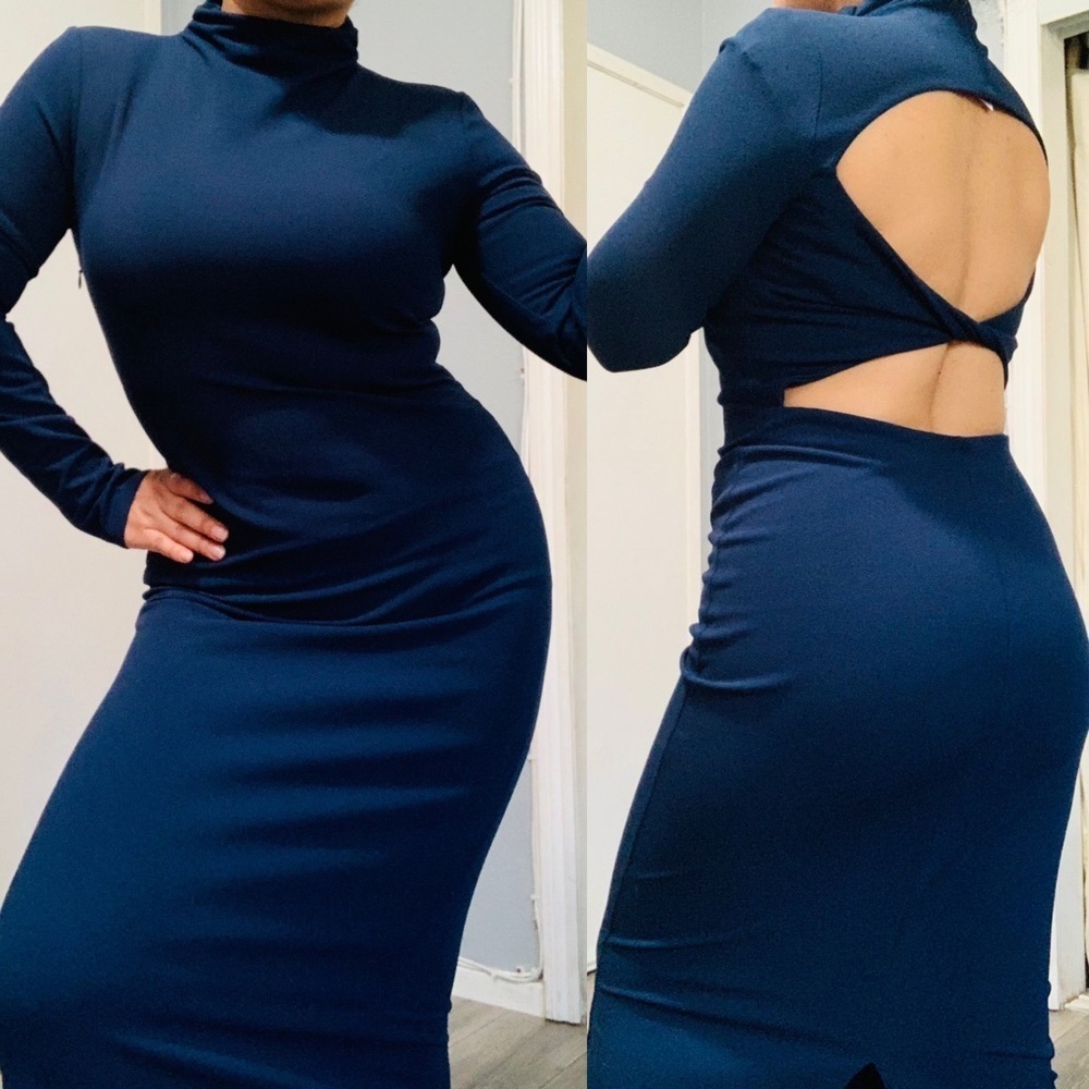 Zara New Women Midnight Blue Long Sleeves High Collard Open Twisted Back Size M